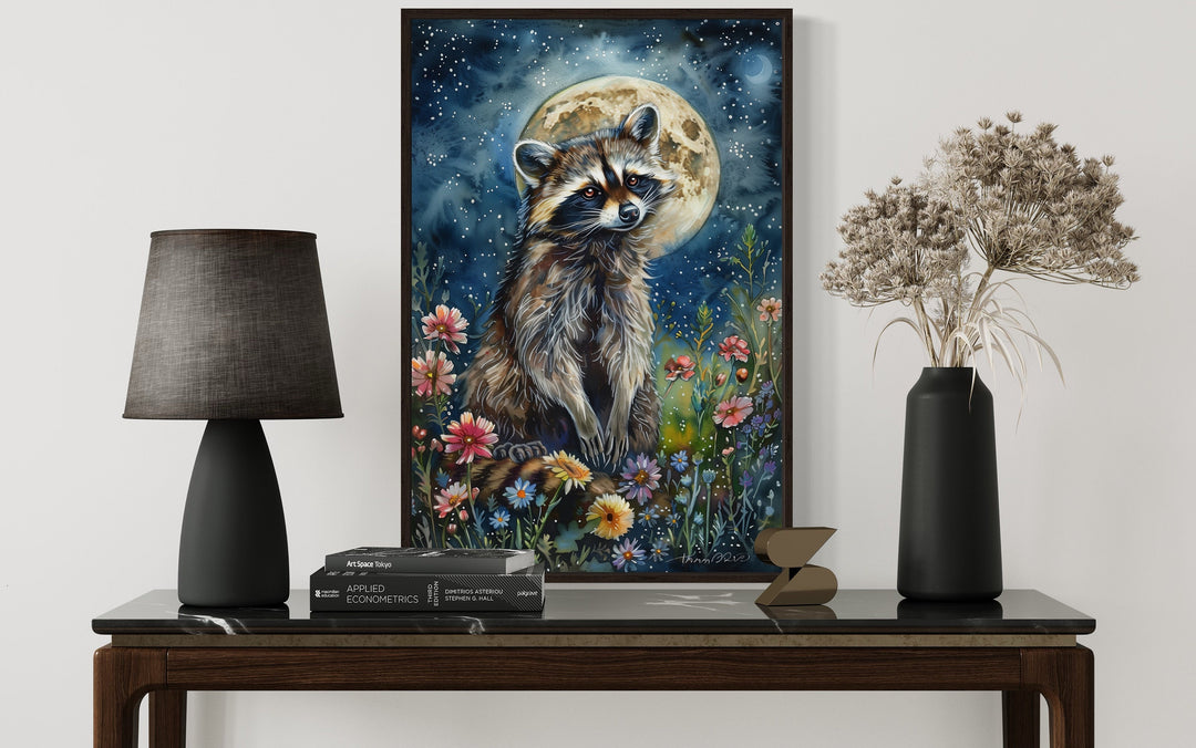 Raccoon in The Meadow At Night Under Moon Framed Canvas Wall Art close up