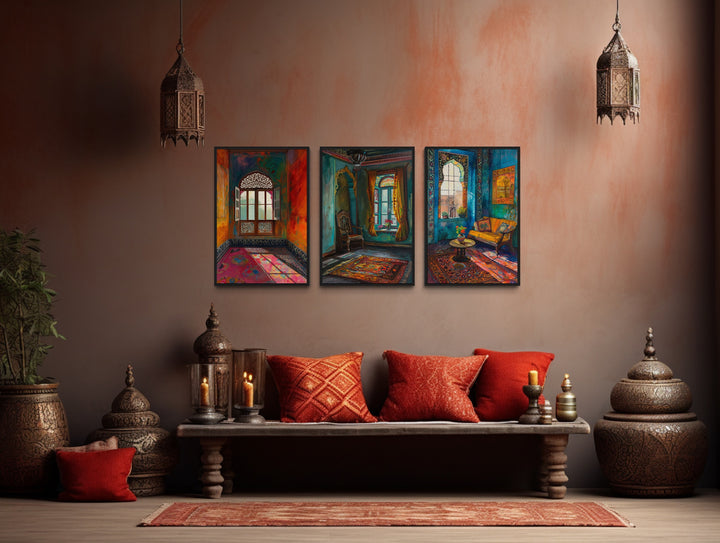 Set Of Three Colorful Indian Room And Window Wall Art above indian couch