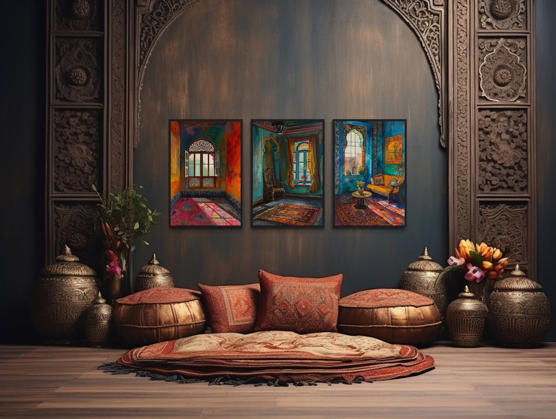 Set Of Three Colorful Indian Room And Window Wall Art in indian home