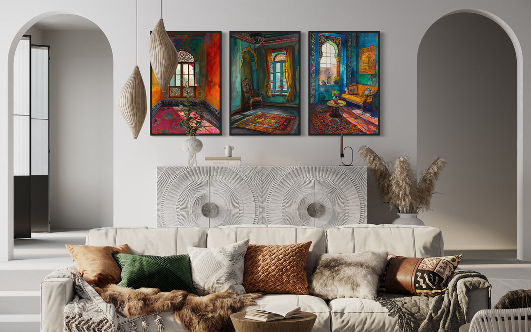 Set Of Three Colorful Indian Room And Window Wall Art in richly decorated room