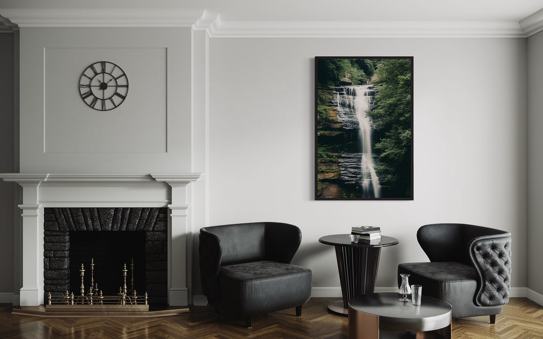 Sage Green Forest Waterfall Nature Landscape Wall Art in living room