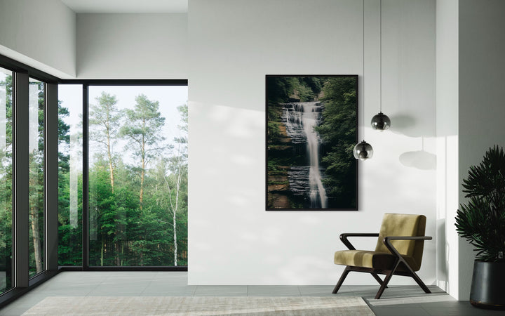 Sage Green Forest Waterfall Nature Landscape Wall Art in living room