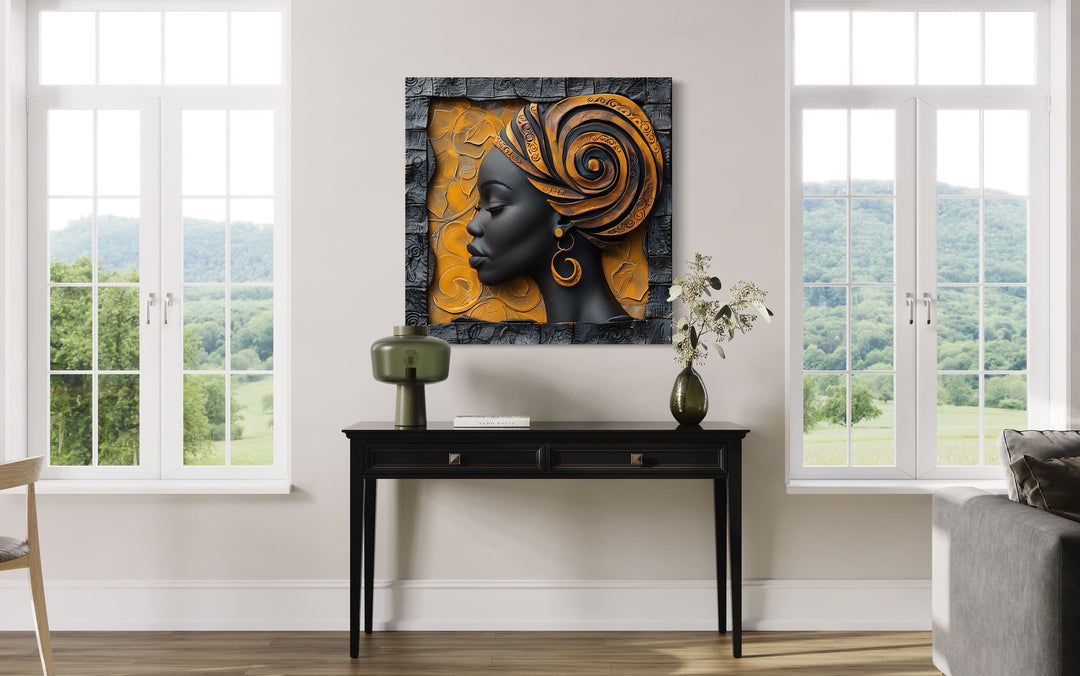 African American Woman In Turban Modern Framed Canvas Wall Art above side table