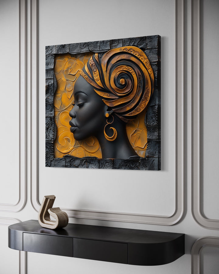 Beautiful African American Woman In Turban Modern Framed Canvas Wall Art