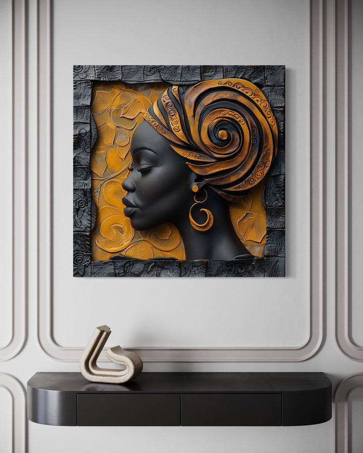 Beautiful African Woman In Turban Modern Framed Canvas Wall Art