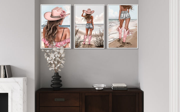 Set Of Three Pink Coastal Cowgirl Canvas Wall Art