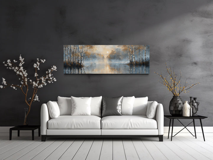 Silver Birth Trees Forest Long Narrow Horizontal Wall Art For Living Room above white couch