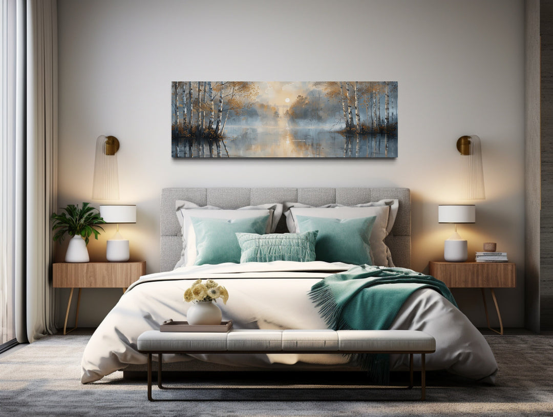 Silver Birth Trees Forest Long Narrow Horizontal Wall Art above bed