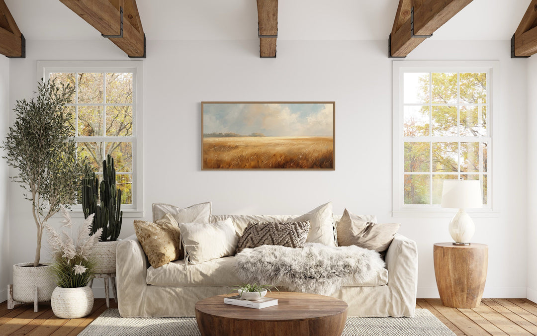 Minimalist Farm Landscape Rustic Farmhouse Framed Canvas Wall Art in living room