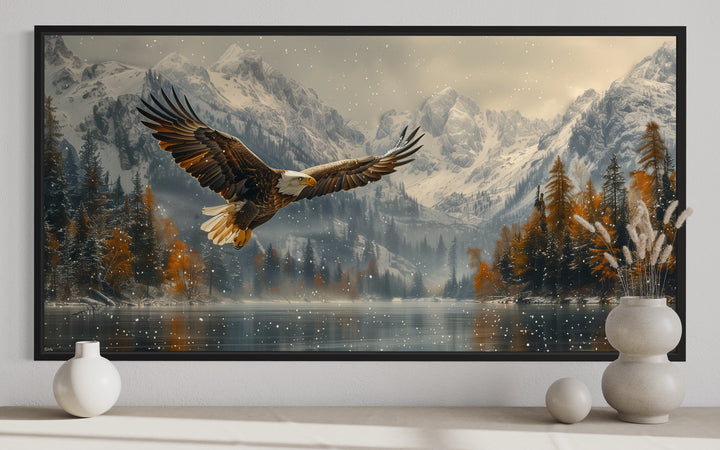 Bald Eagle Flying Over Snowy Mountain Lake Framed Canvas Wall Art close up