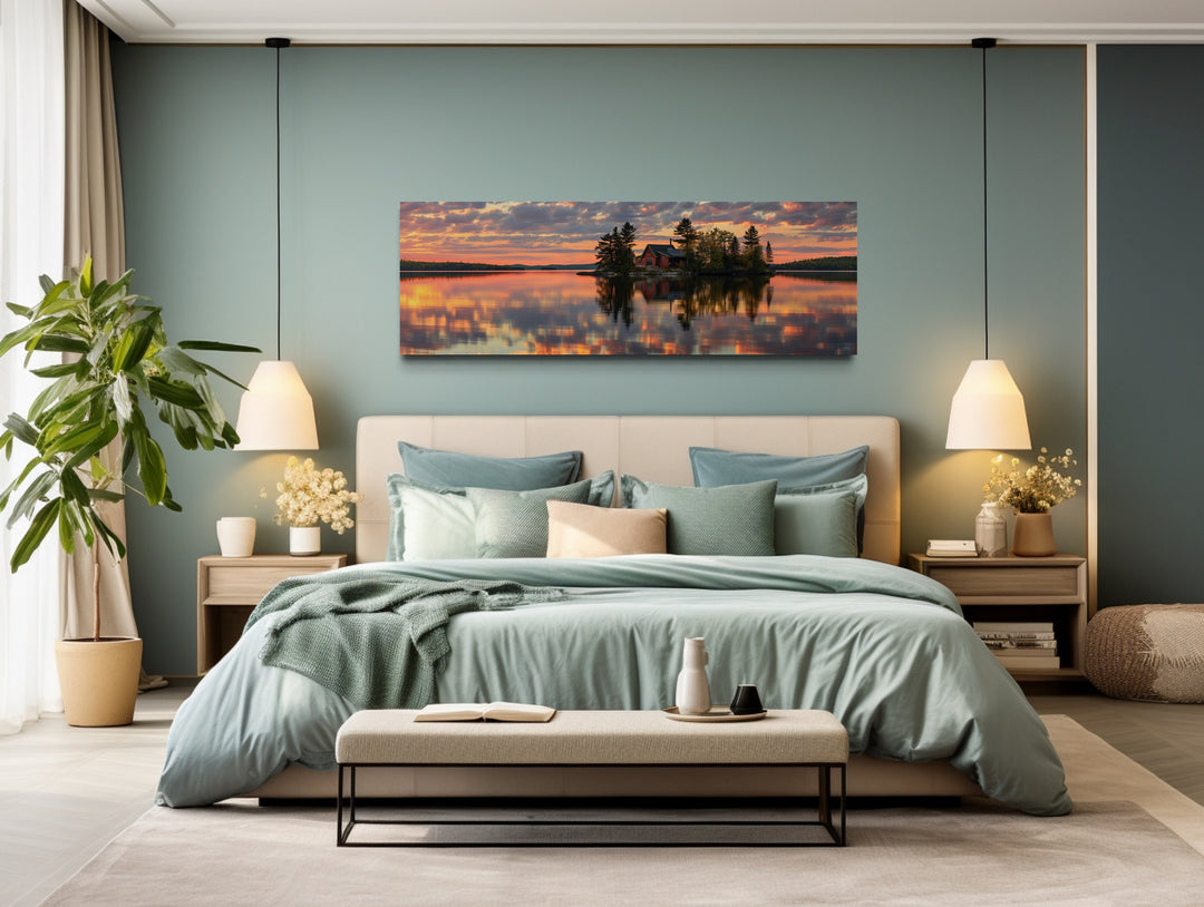 Cabin in The Lake Landscape At Sunset Long Horizontal Framed Canvas Wall Art above bed