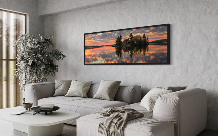 Cabin in The Lake Landscape At Sunset Long Horizontal Framed Canvas Wall Art above grey couch