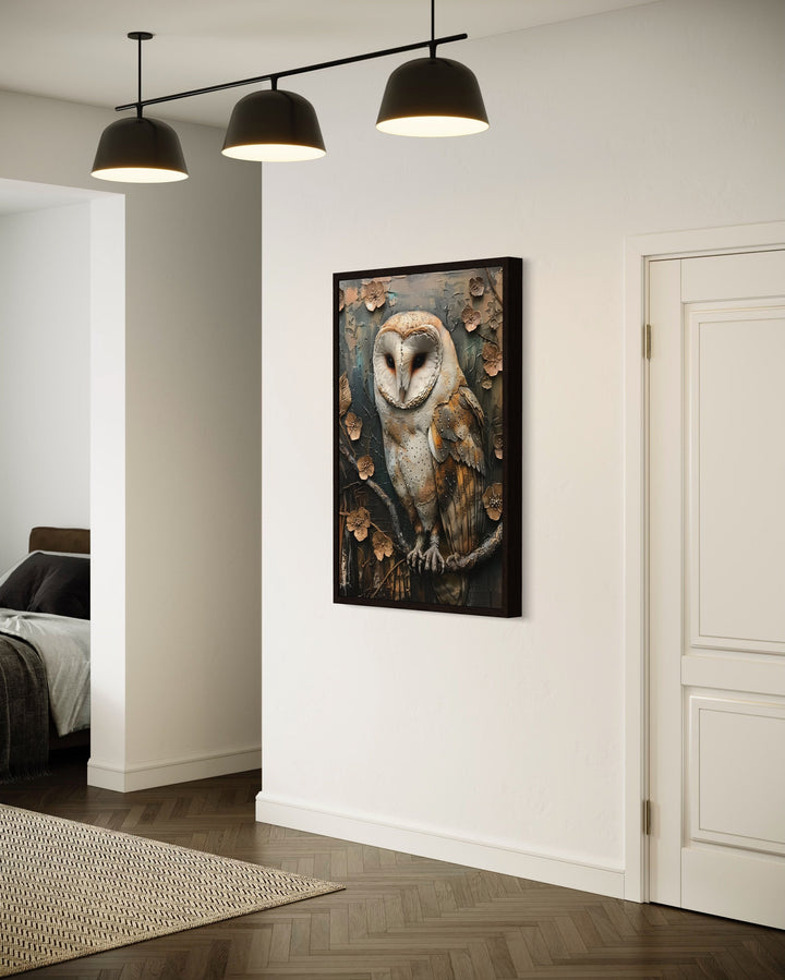 Barn Owl Rustic Farmhouse Framed Canvas Wall Art in living room
