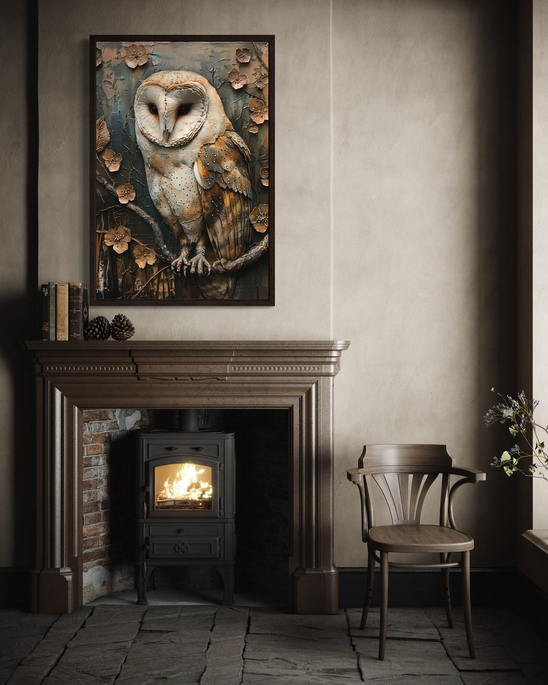 Barn Owl Rustic Farmhouse Framed Canvas Wall Art above mantel