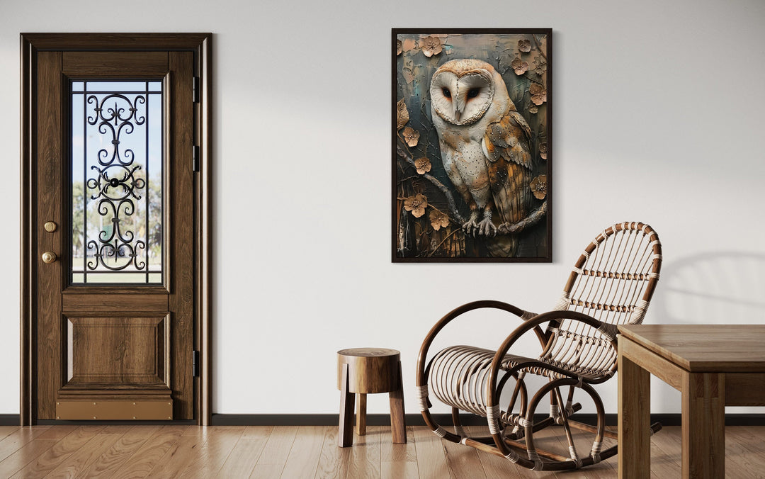 Barn Owl Rustic Farmhouse Framed Canvas Wall Art in rustic room