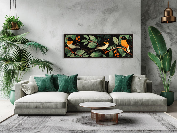 Exotic Birds In The Jungle Tropical Long Horizontal Framed Canvas Wall Art above couch