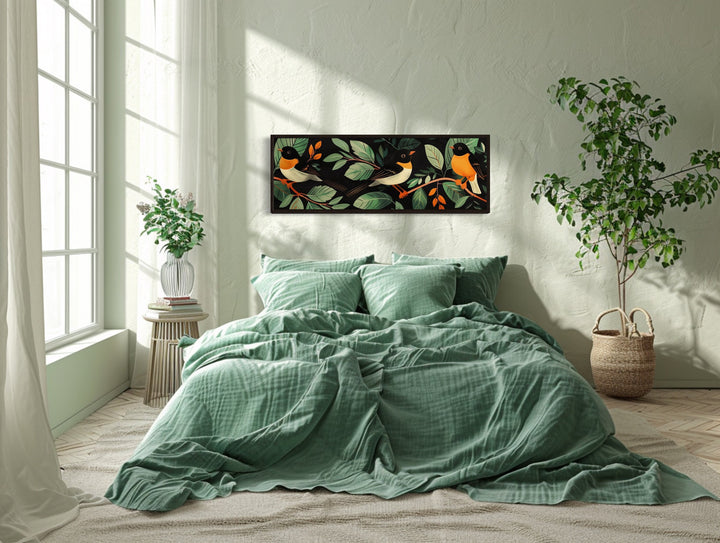 Exotic Birds In The Jungle Tropical Long Horizontal Framed Canvas Wall Art above bed