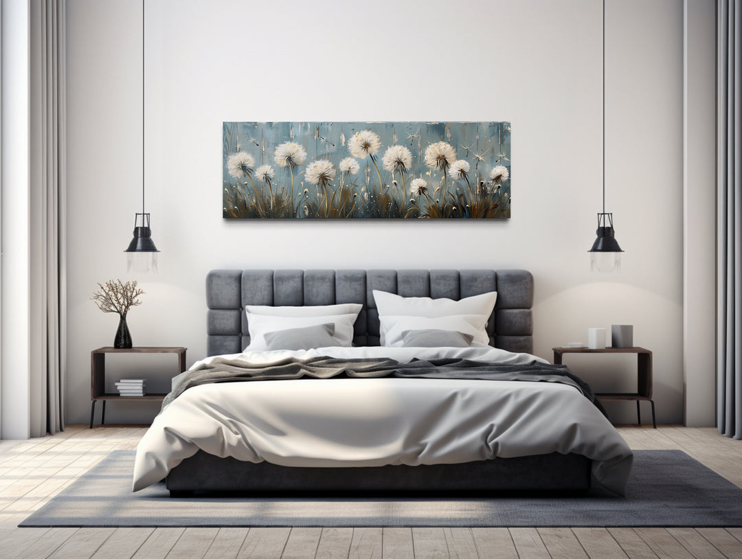 Dandelions Painting On Distressed Wood Horizontal Farmhouse Wall Art above bed