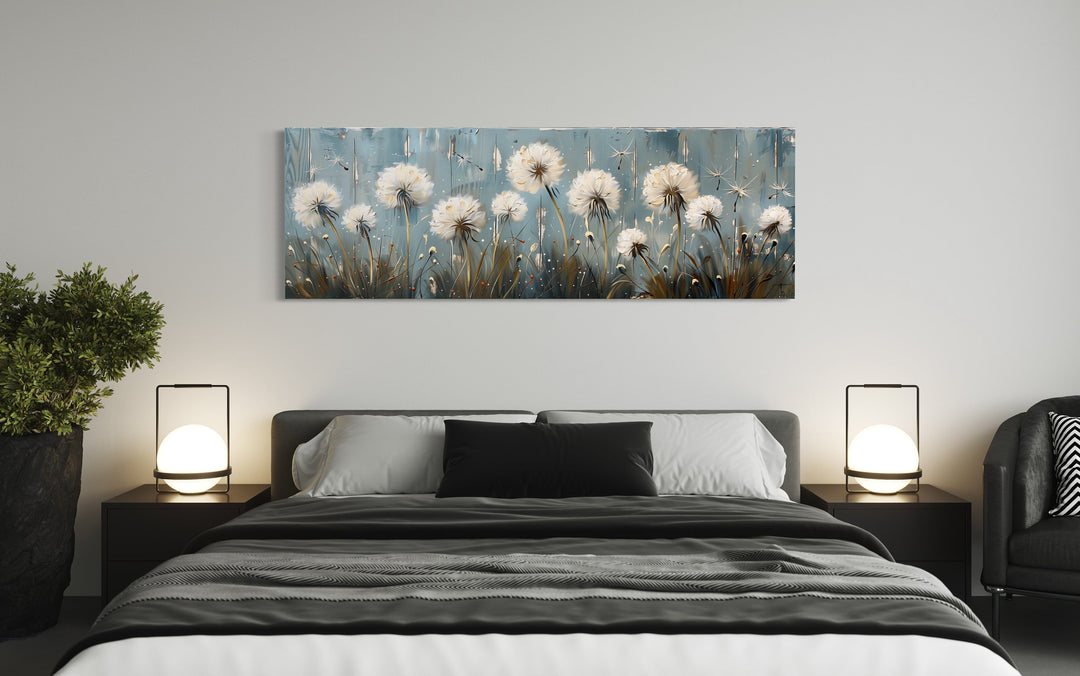 Dandelions Painting On Distressed Wood Horizontal Farmhouse Wall Art above bed