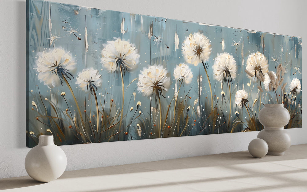 Dandelions Painting On Distressed Wood Horizontal Farmhouse Wall Art side view