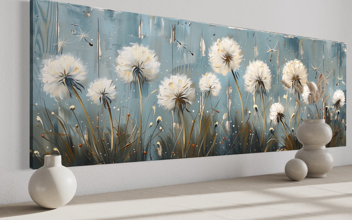 Dandelions Painting On Distressed Wood Horizontal Farmhouse Wall Art side view