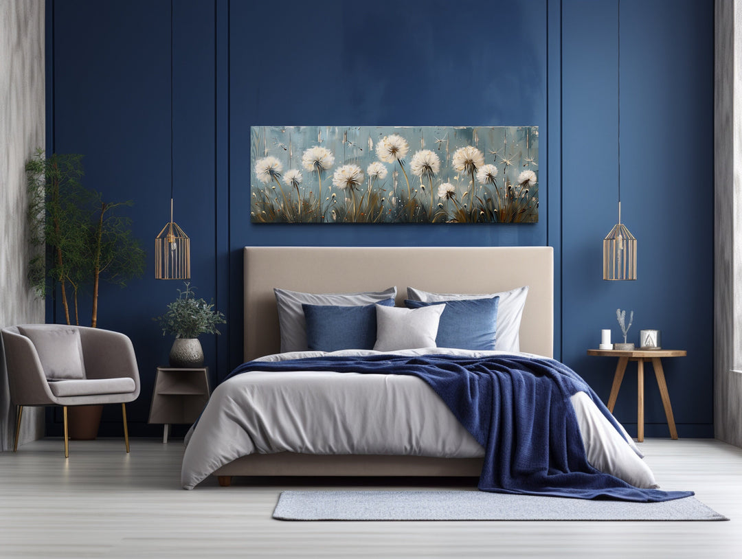 Dandelions Painting On Distressed Wood Horizontal Farmhouse Wall Art above bed