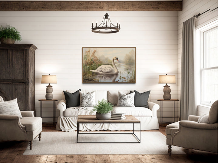 White Swan In The Lake Vintage Style Framed Canvas Wall Art in rustic room
