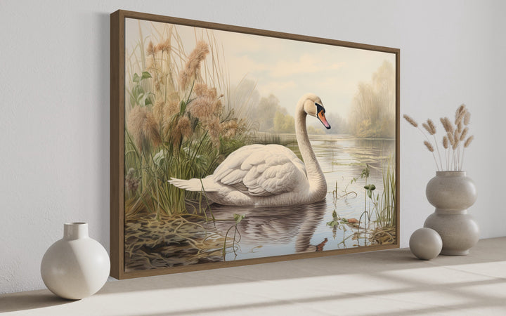 White Swan In The Lake Vintage Style Framed Canvas Wall Art side view