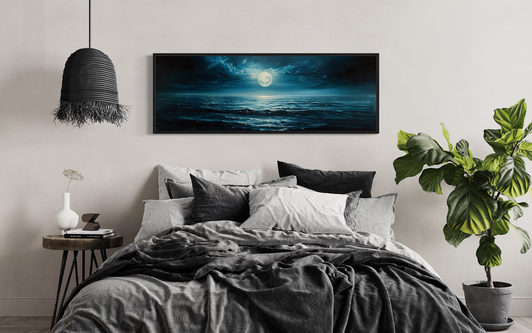 Panoramic Navy Blue Ocean And Moon In Night Sky Wall Art