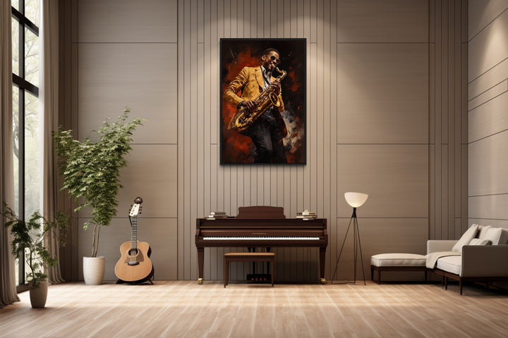 African American Saxophone Player Jazz Music Canvas Wall Art in music room