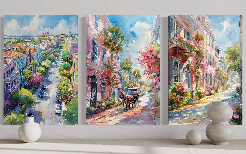 Set Of Three Charleston City Watercolor Framed Canvas Wall Art close up
