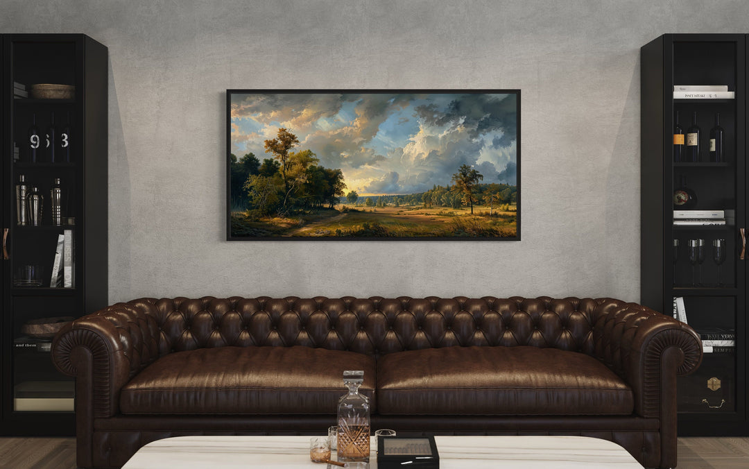 Moody Antique Style Landscape Painting Framed Canvas Wall Art above brown couch