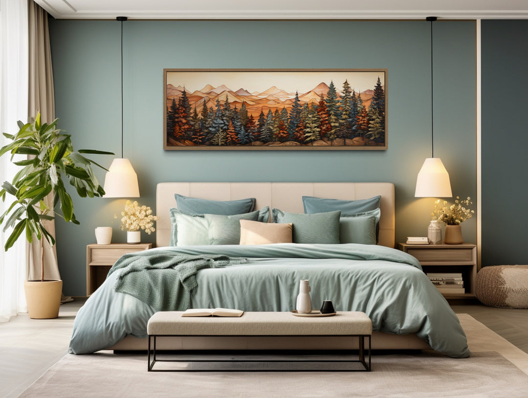 Forest Painted On Wood Horizontal Canvas Rustic Wall Art above bed