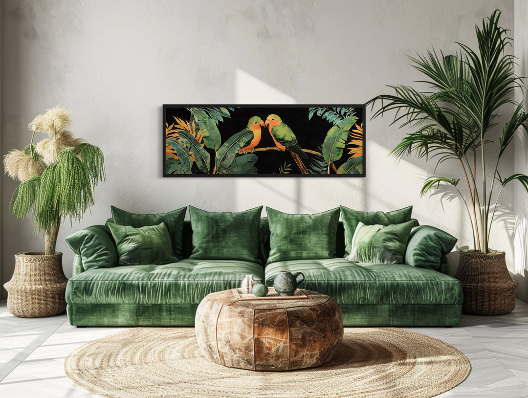 Lovebirds In Tropical Rainforest Long Horizontal Framed Canvas Wall Art
