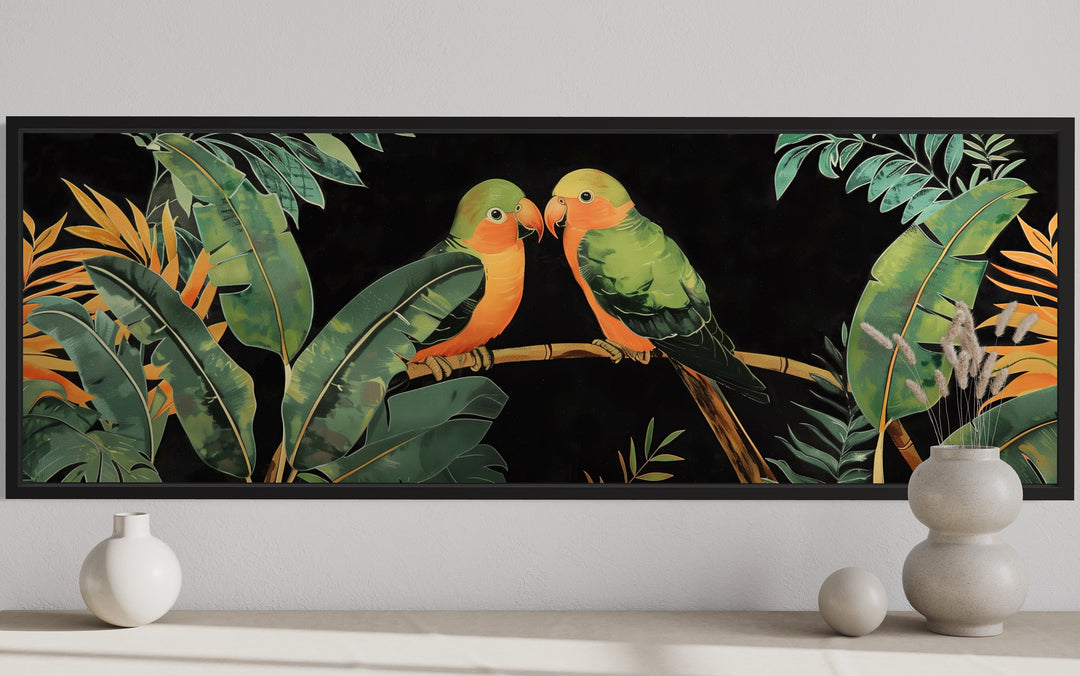 Lovebirds In Tropical Rainforest Long Horizontal Framed Canvas Wall Art
