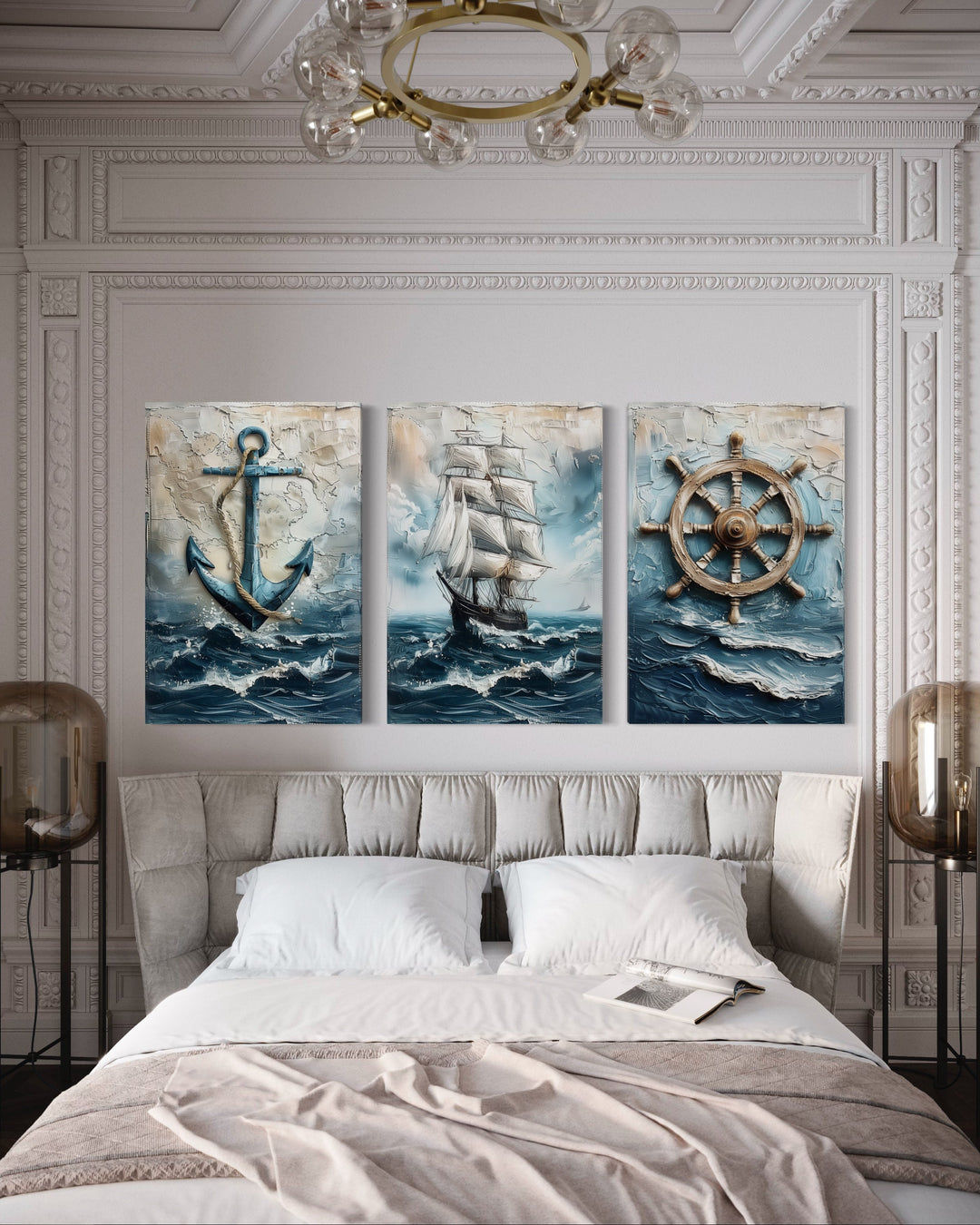 3 Piece Nautical Paintings Of Sail Ship, Helm Wheel and Anchor Wall Art above bed