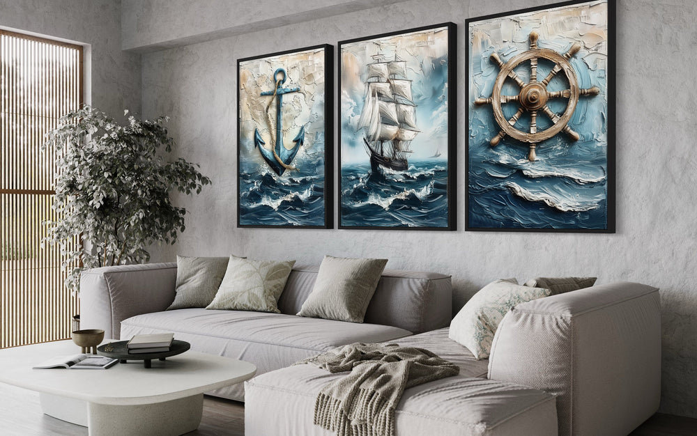 3 Piece Nautical Paintings Of Sail Ship, Helm Wheel and Anchor Wall Art above couch