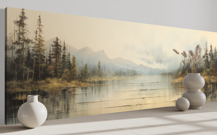 Vintage Neutral Lake Landscape Long Horizontal Wall Art side view