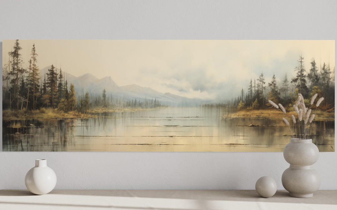 Vintage Neutral Lake Landscape Long Horizontal Wall Art close up