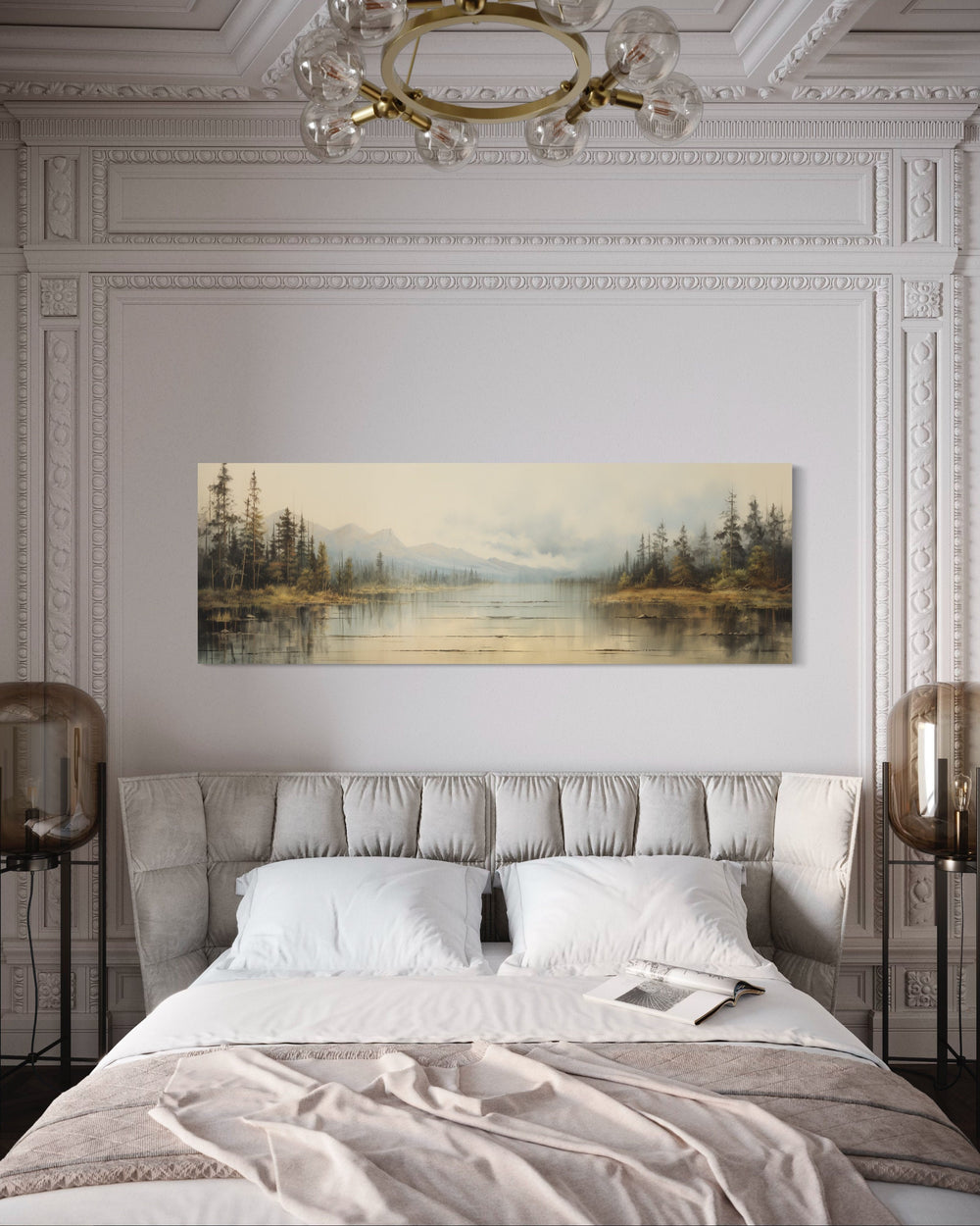 Vintage Neutral Lake Landscape Long Horizontal Wall Art above bed