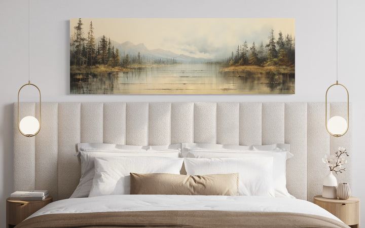 Vintage Neutral Lake Landscape Long Horizontal Wall Art above bed