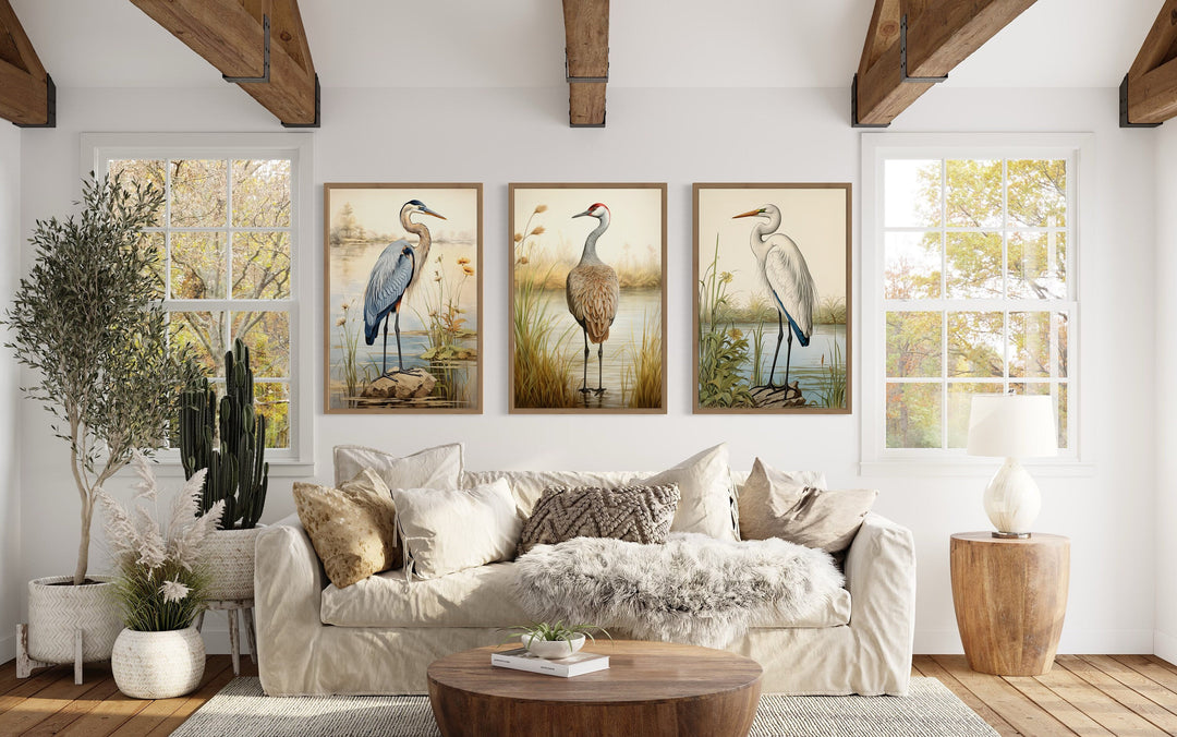 3 Piece Coastal Birds Wall Art - Blue Heron, Great Egret, Sandhill Crane