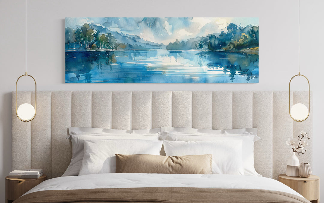 Blue Lake Landscape Horizontal wall art above bed