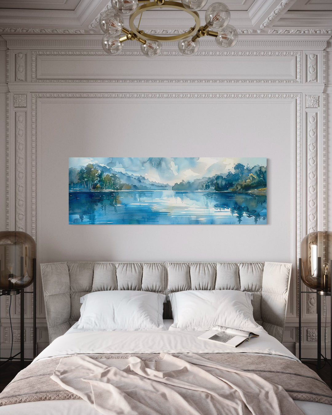 Blue Lake Landscape Horizontal wall art above bed