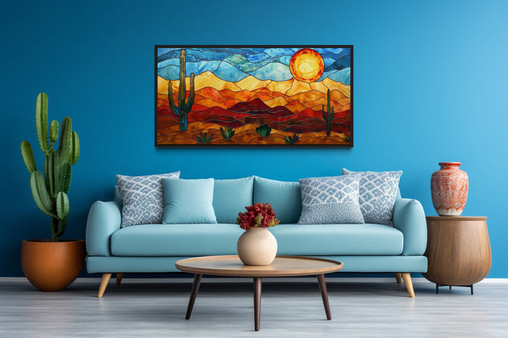 Arizona Desert With Saguaro Cactus Stained Glass Style Canvas Wall Art in blue room