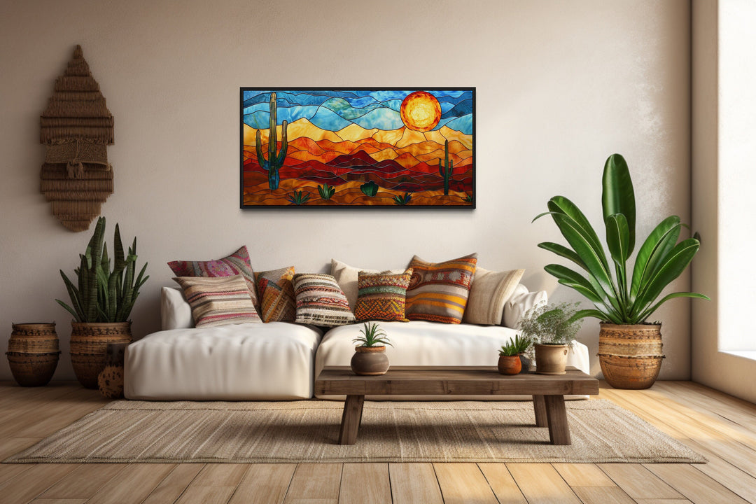 Arizona Desert With Saguaro Cactus Stained Glass Style Canvas Wall Art in Southwestern room