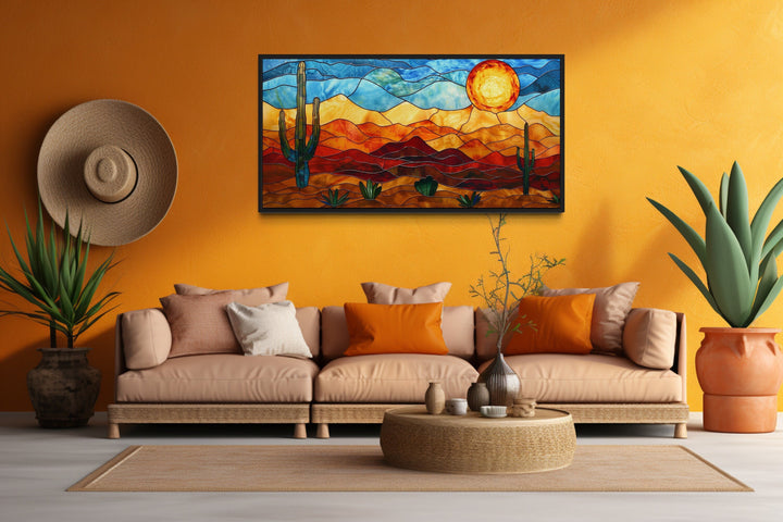 Arizona Desert With Saguaro Cactus Stained Glass Style Canvas Wall Art over beige brown couch