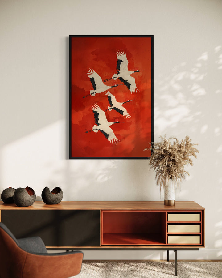 Japanese Cranes Flying Red Framed Canvas Wall Art in the hall