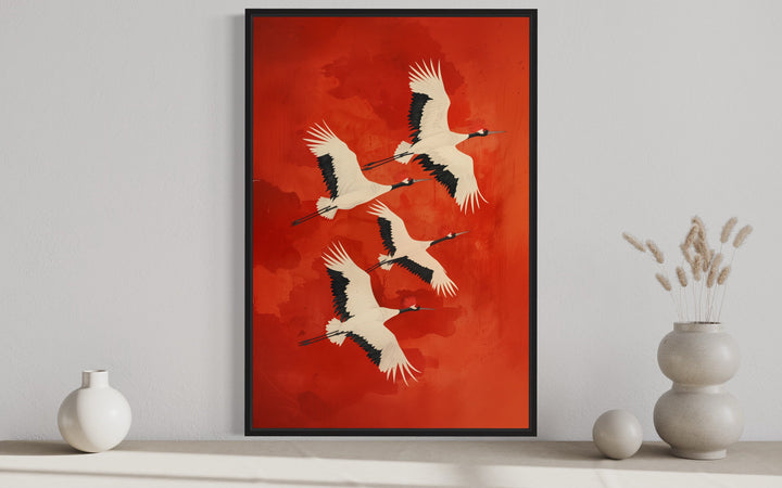 Japanese Cranes Flying Red Framed Canvas Wall Art close up