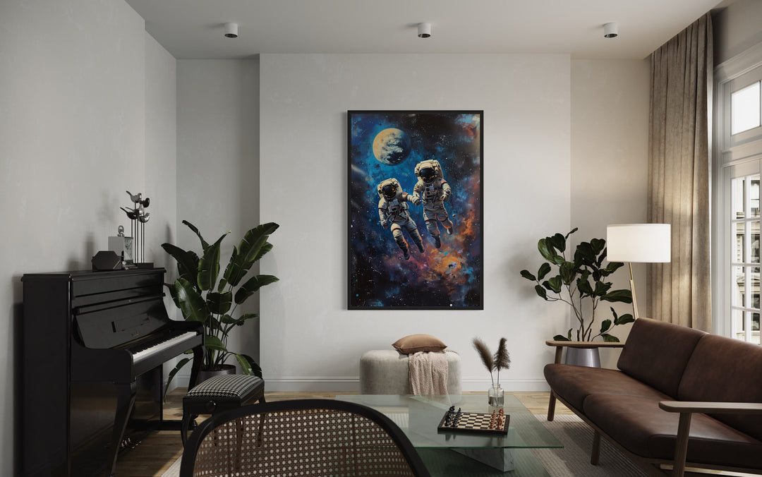 Two Astronauts Couple In Space Graffiti Romantic Framed Canvas Wall Art in living room